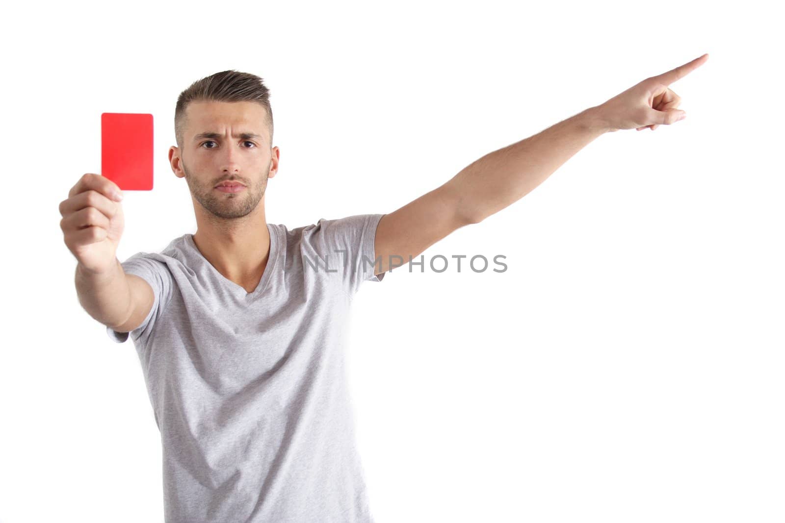 A handsome man shows someone a red card. All isolated on white background.