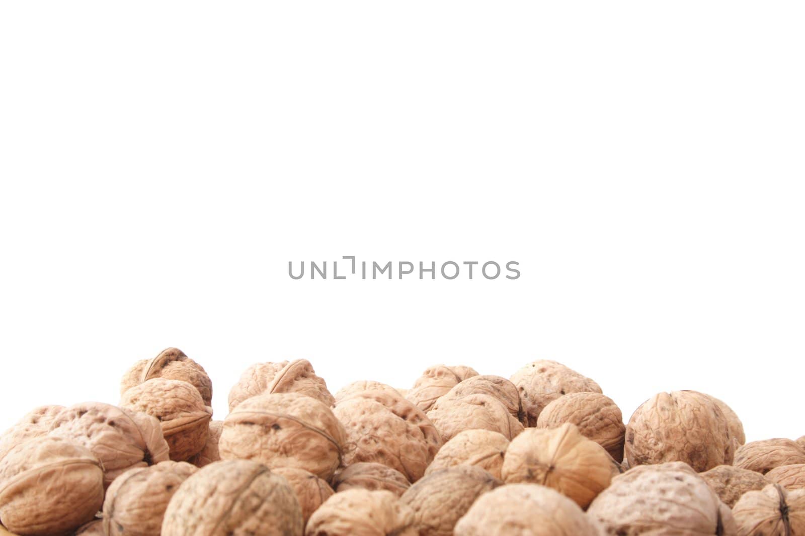 A pile of walnuts in front of a white background.