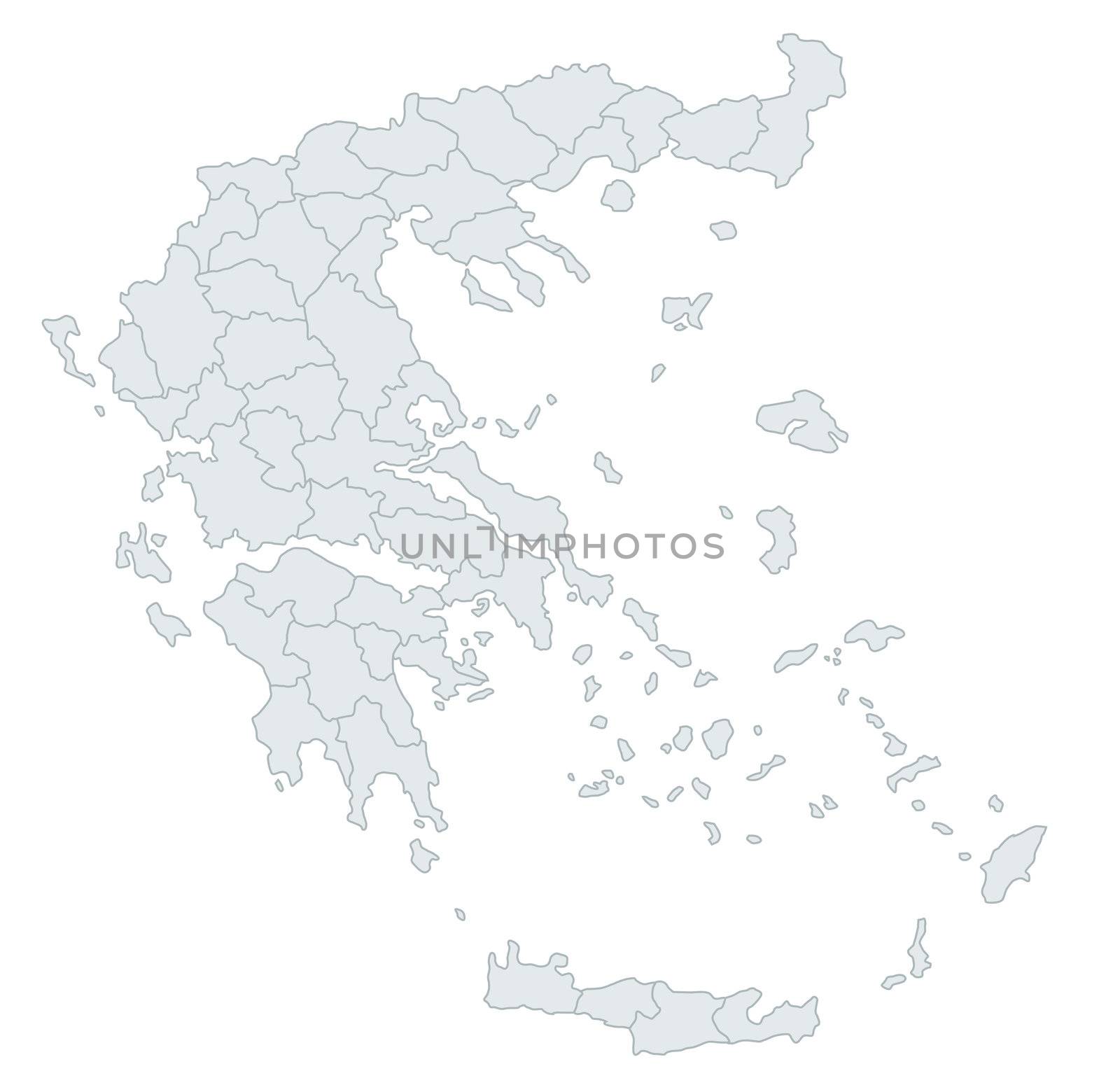 A stylized map of Greece showing the different provinces. All isolated on white background.