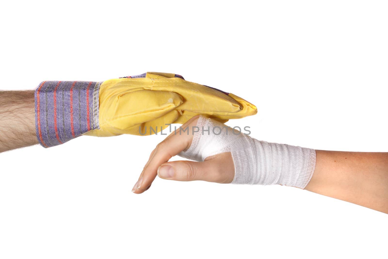 One hand in glove protects a bandaged hand. All isolated on white background.