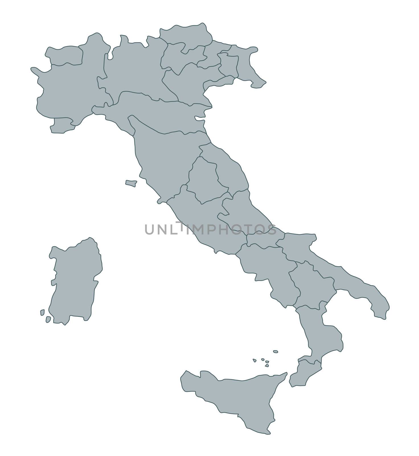 A stylized map of Italy showing the different provinces. All isolated on white background.