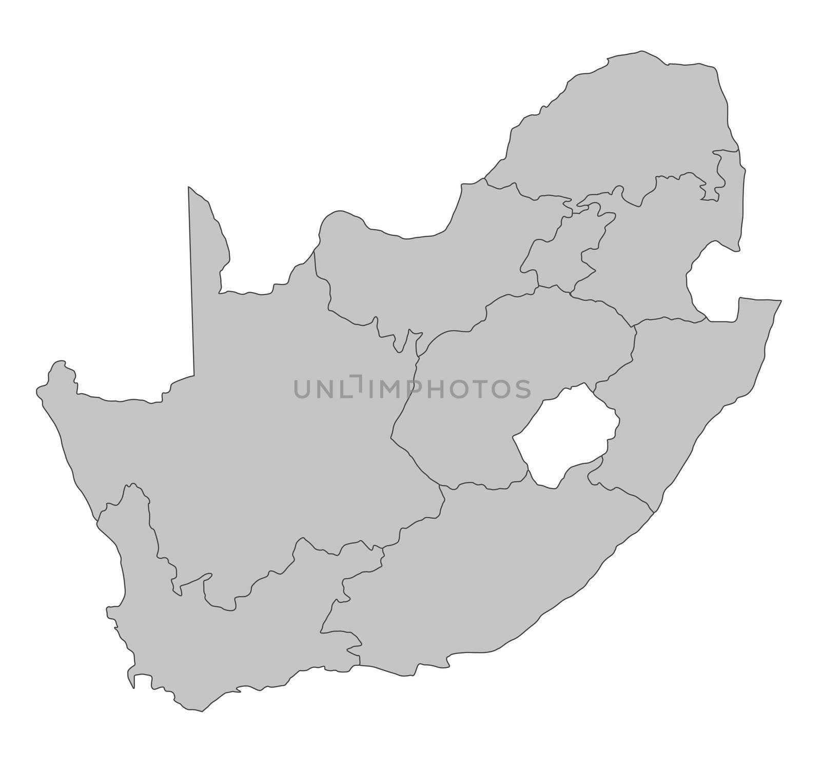 A stylized map of South Africa showing the different provinces. All isolated on white background.