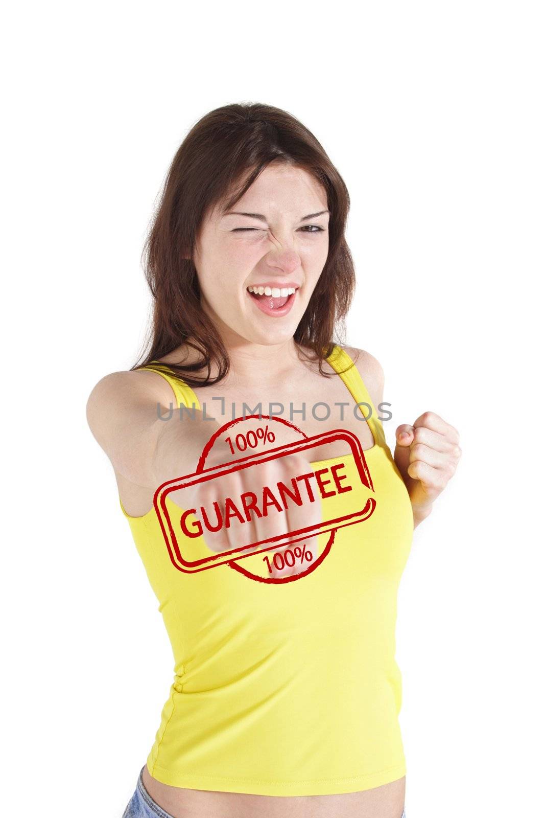 A handsome young woman boxing on a guarantee stamp. All on white background.