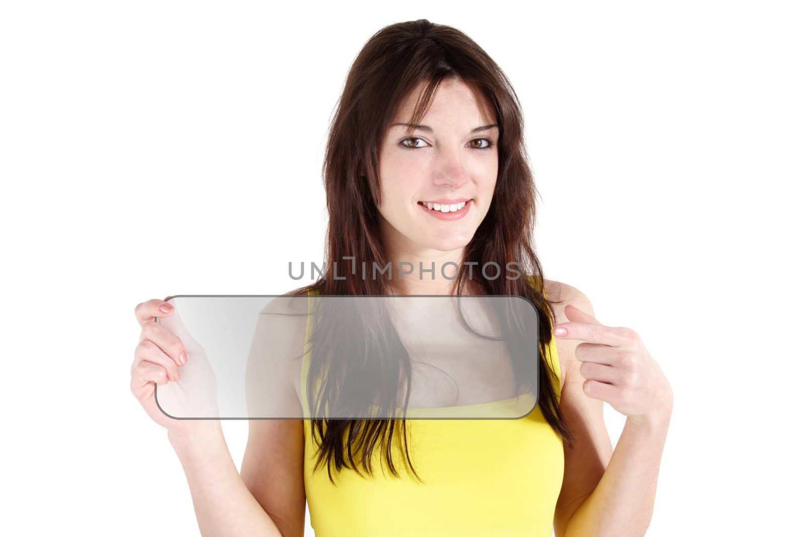 A handsome young woman holding an illustrated sign. All on white background.