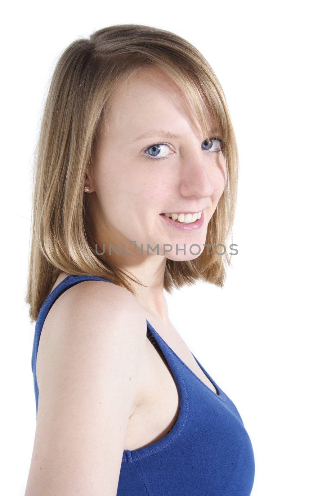 An adorable young woman smiling. All on white background.