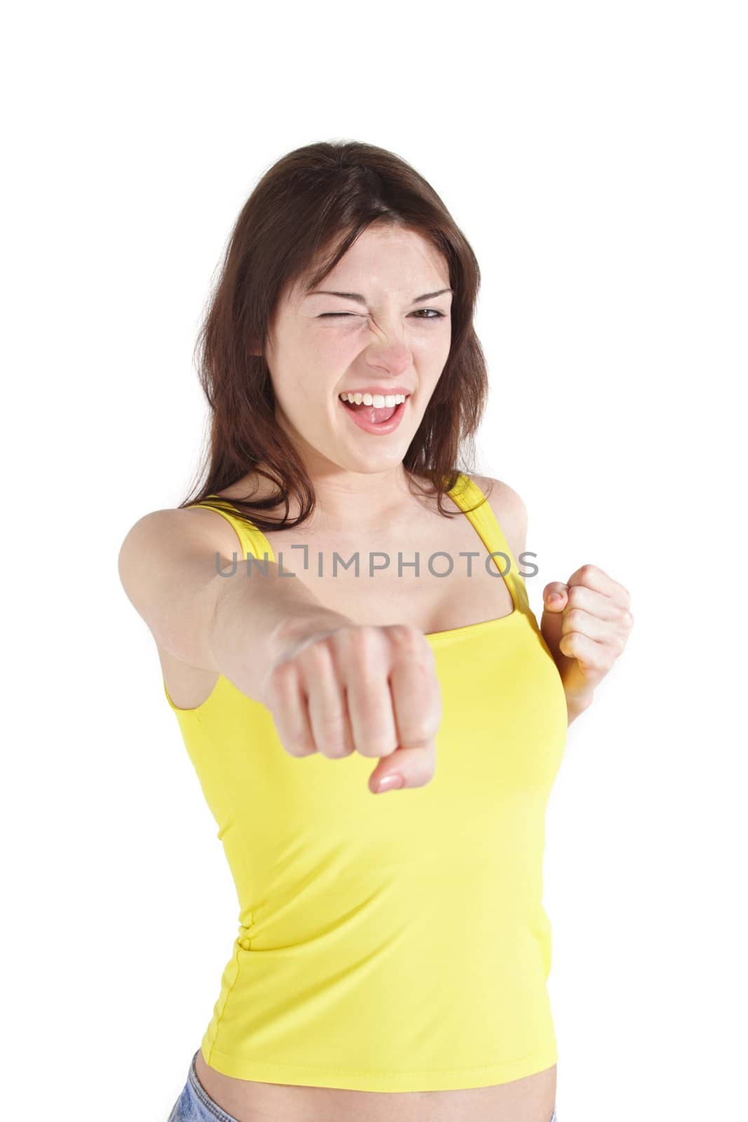 A handsome young woman boxing. All on white background.