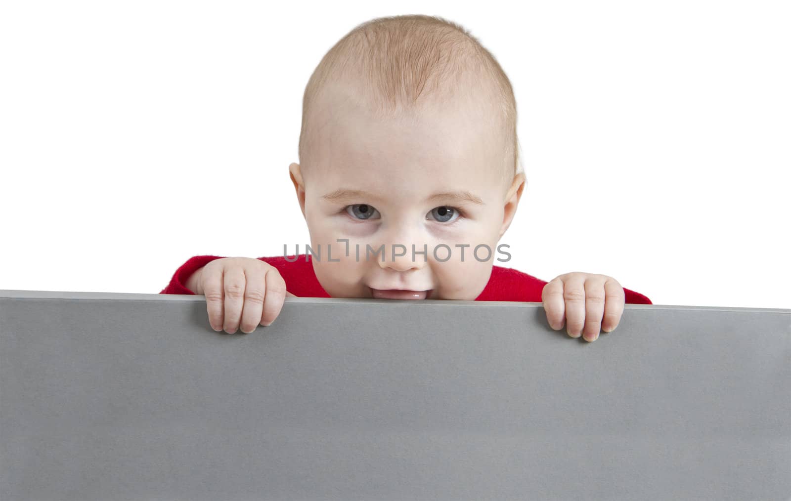 young child holding sign. isolate on white background