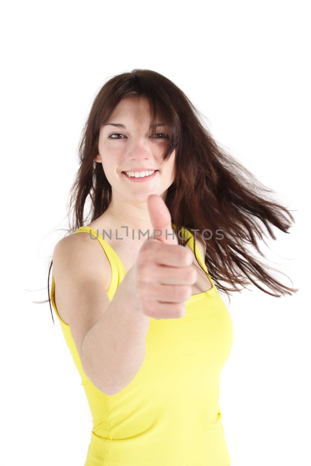 A handsome young woman praises someone. All on white background.