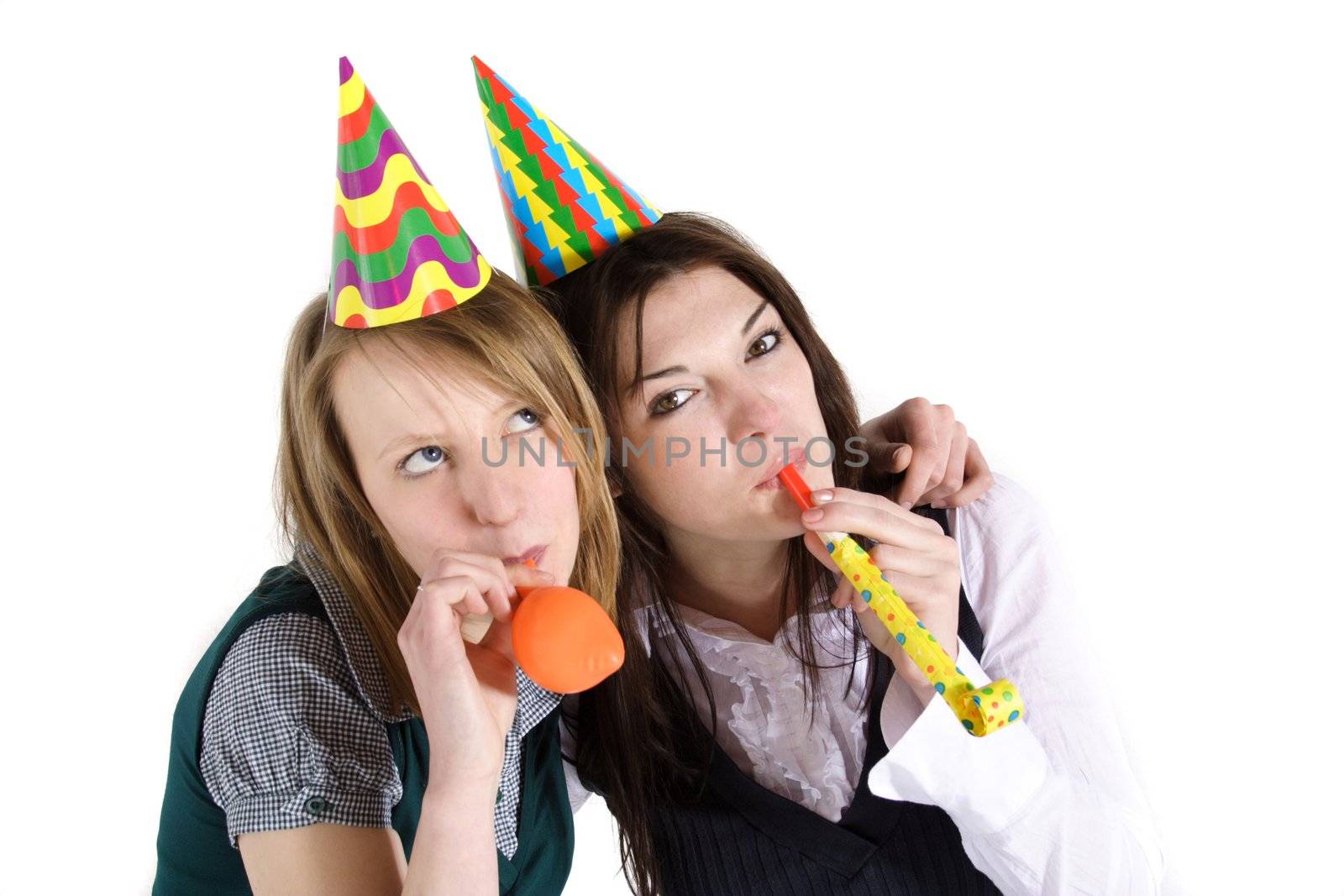 Two handsome women partying. All on white background.