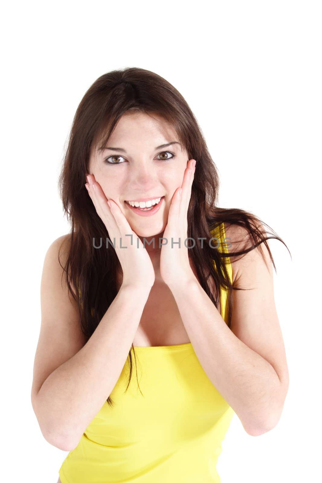 An amazed woman in front of white background.