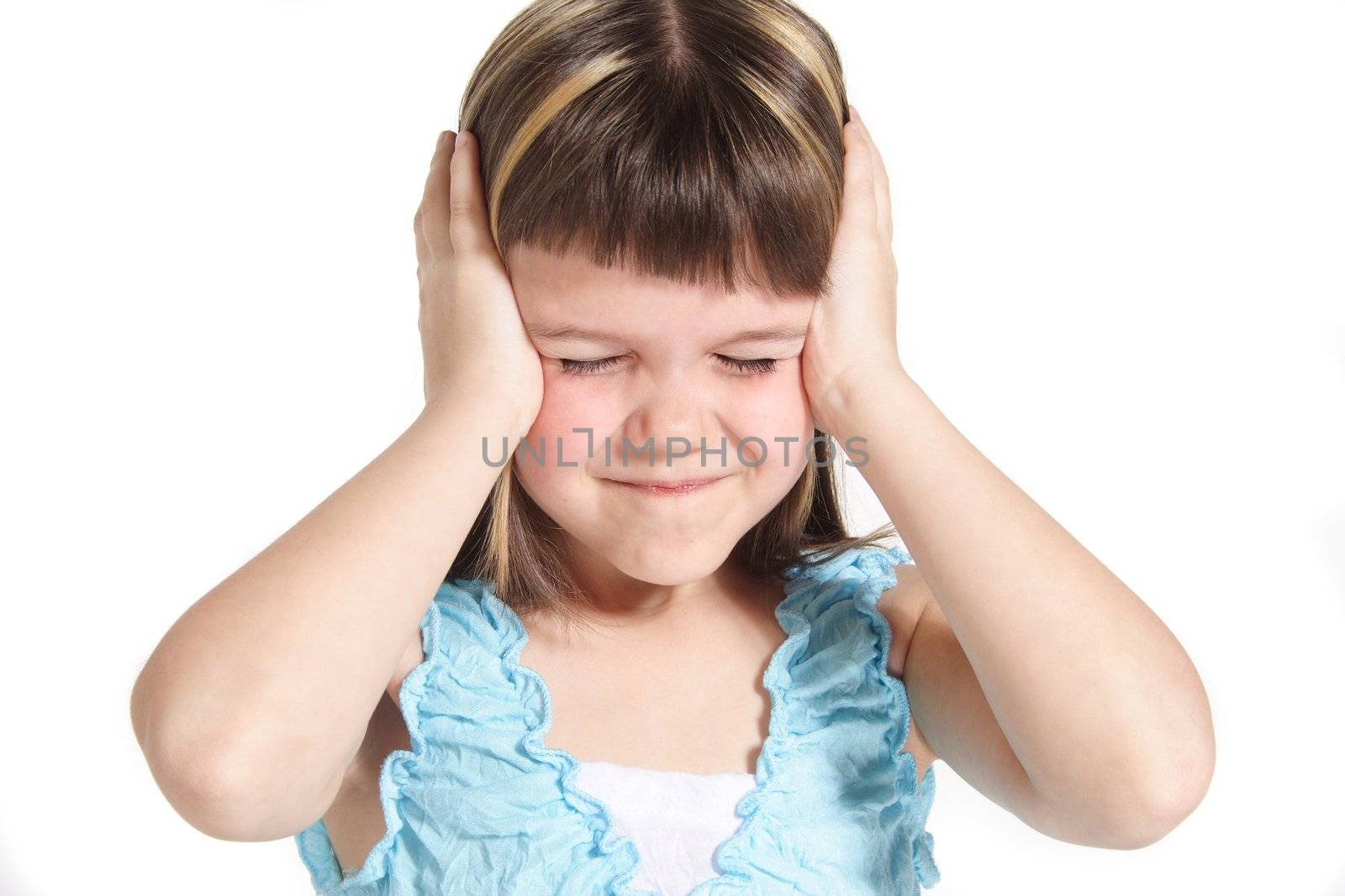 A young girl suffering from noise. All isolated on white background.