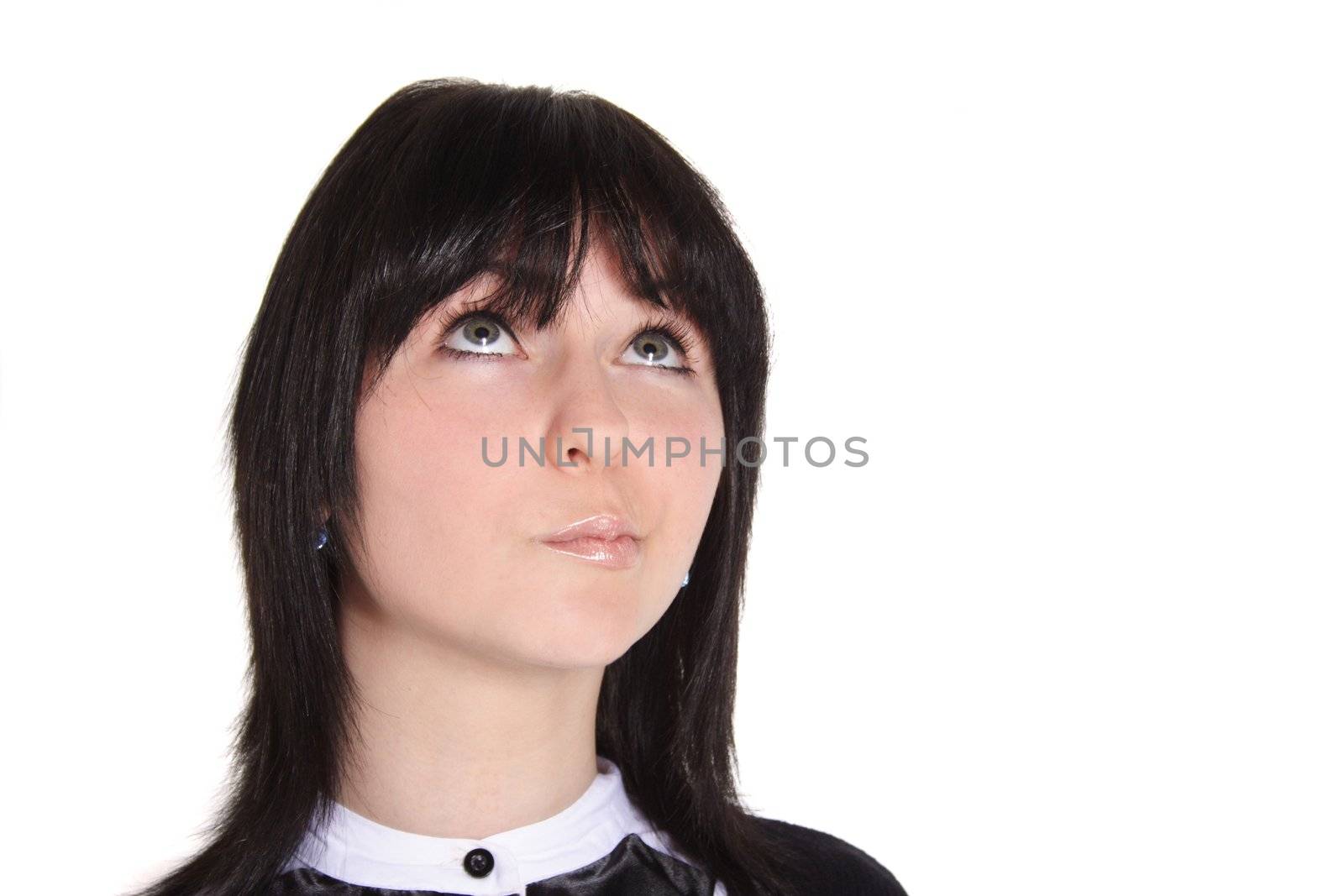 An attractive young woman deliberates a decision. All isolated on white background.