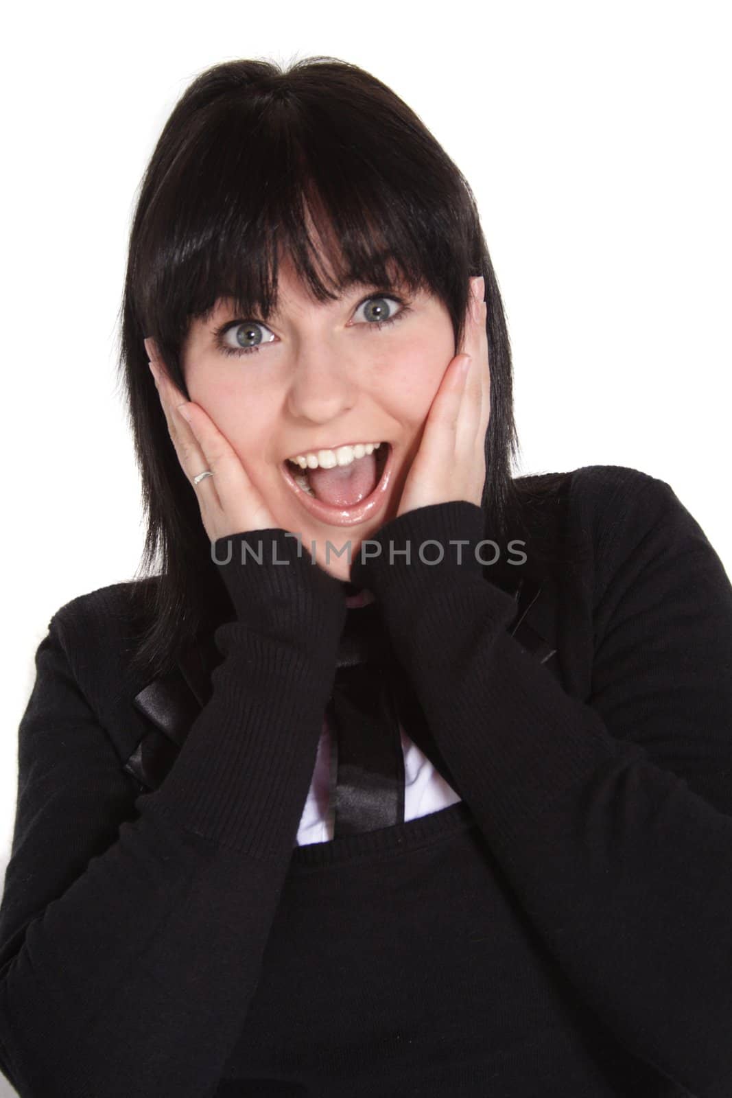 An attractive young woman beeing surprised. All isolated  on white background.