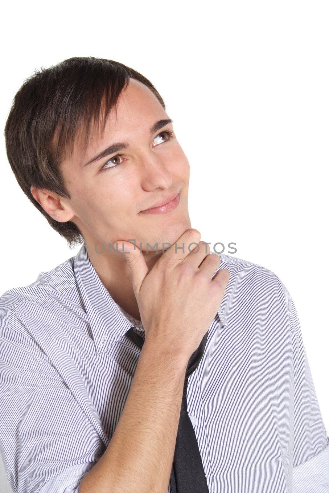 A handsome young man deliberates a decision. All isolated on white background.
