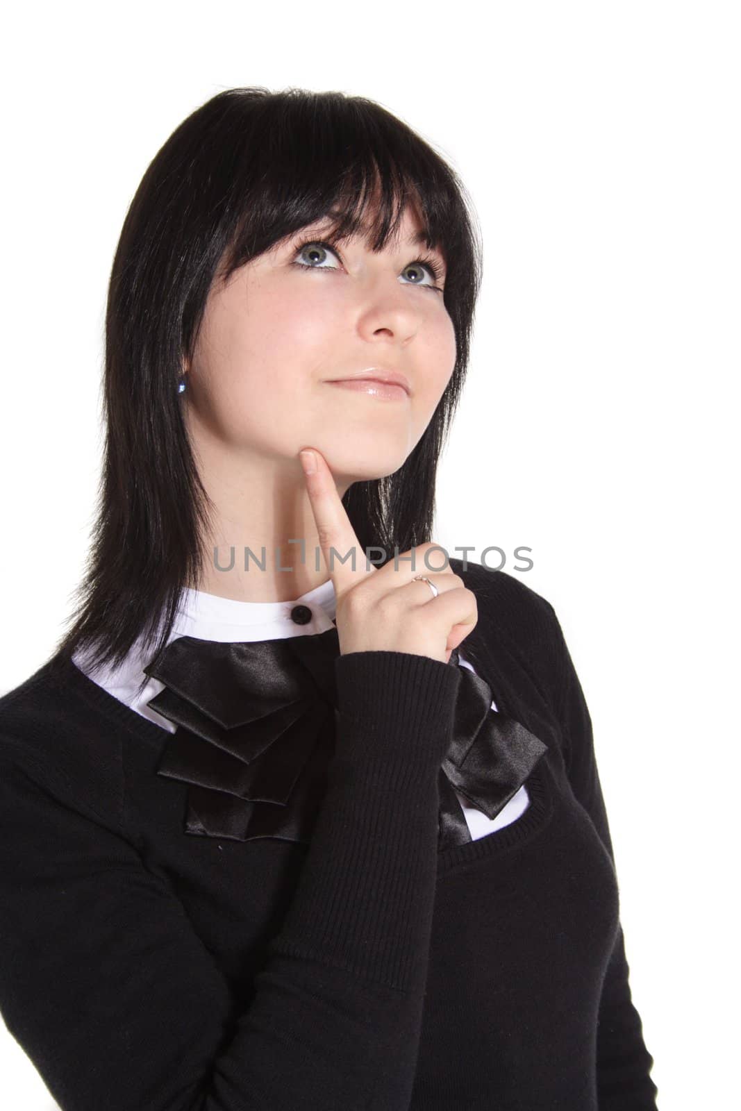 An attractive young woman deliberates a decision. All isolated on white background.