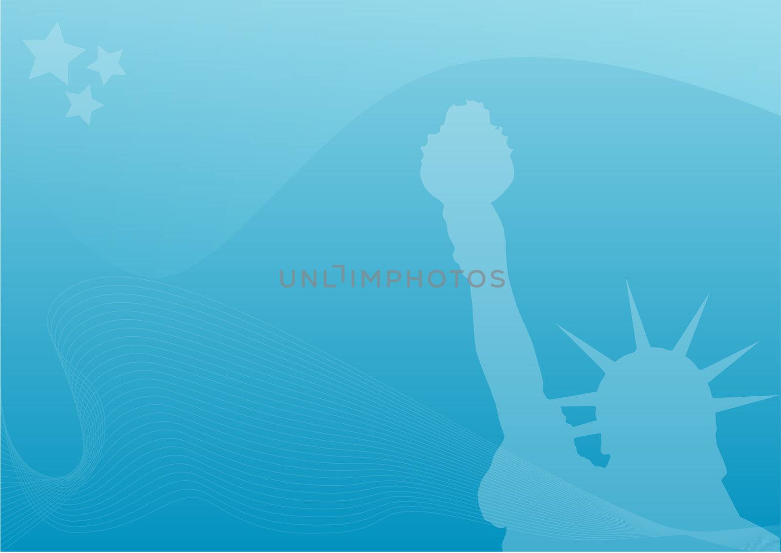 Silhouette of the statue of liberty infront of a light blue background.