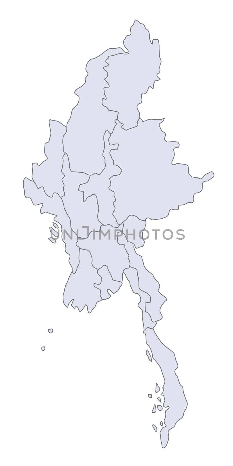 A stylized map of Myanmar showing the different provinces.