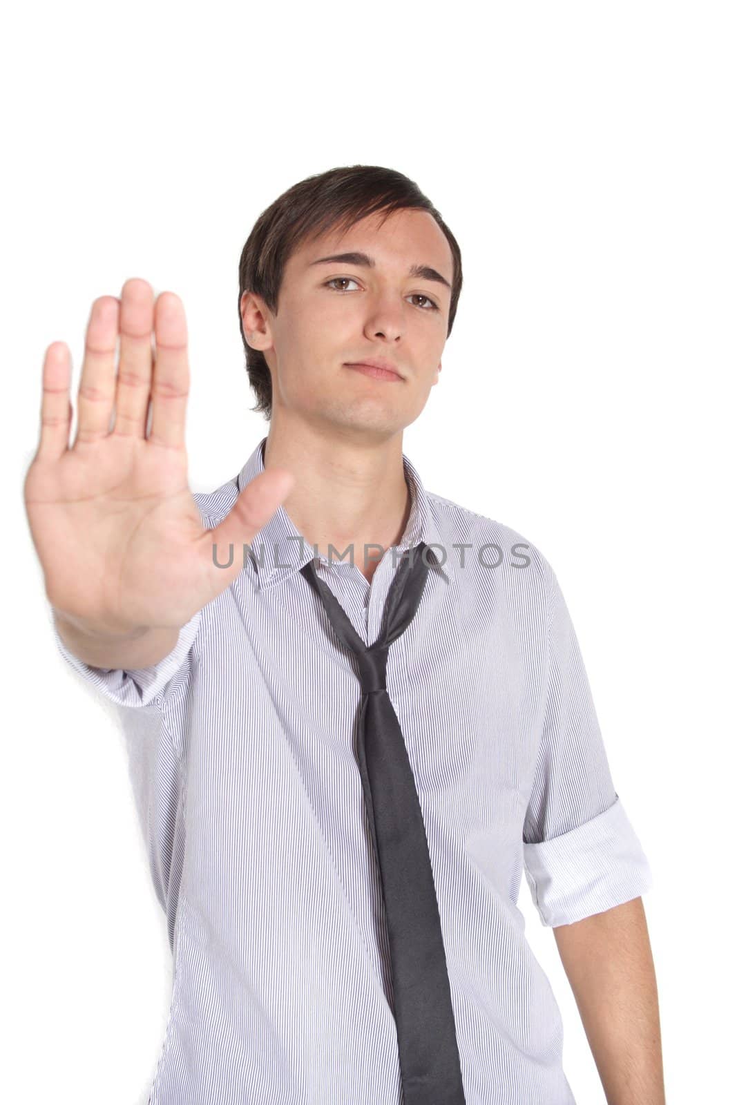 An attractive young man stops someone. All on white background.