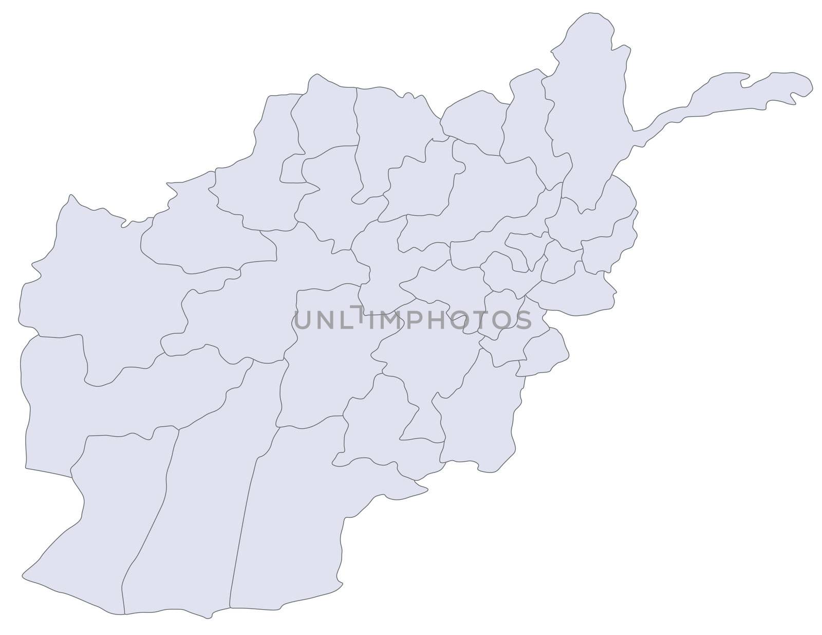 A stylized map of Afghanistan showing the different provinces.