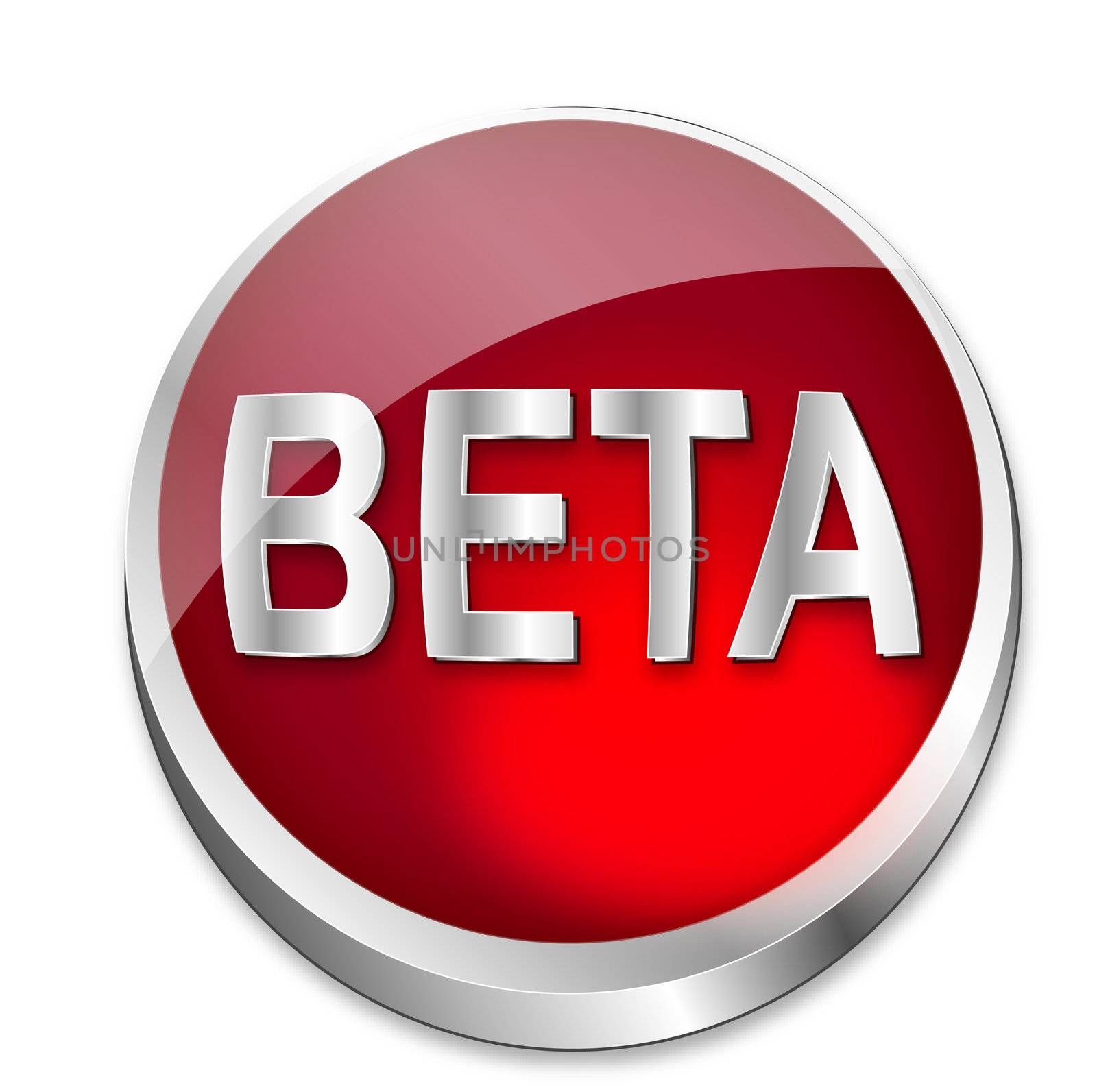 A shiny red vector button says that something is still in Beta status. All on white background.