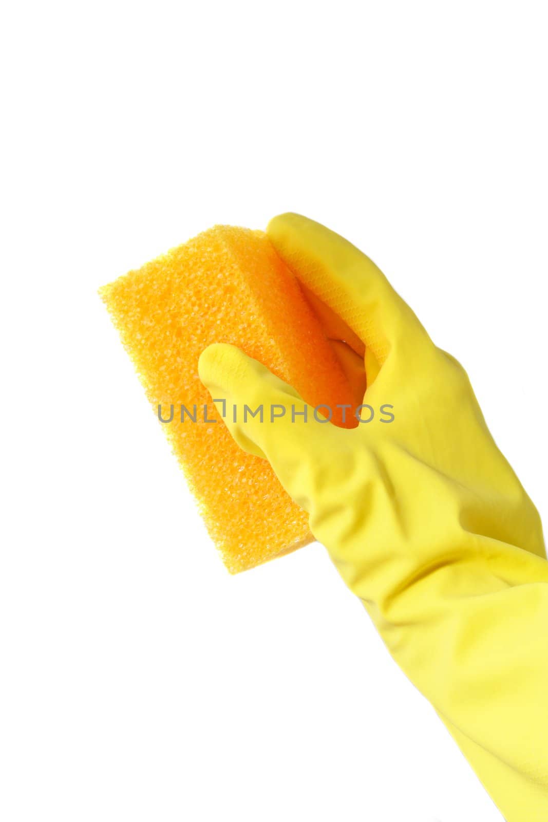 A cleaner holding a sponge. All isolated on white background.