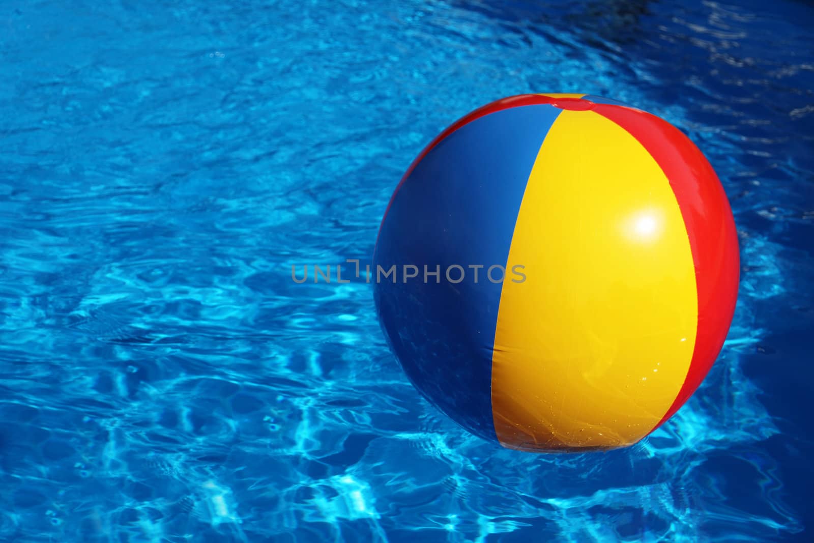 An inflatable colored plastic ball swimming in a shiny blue swimming pool.