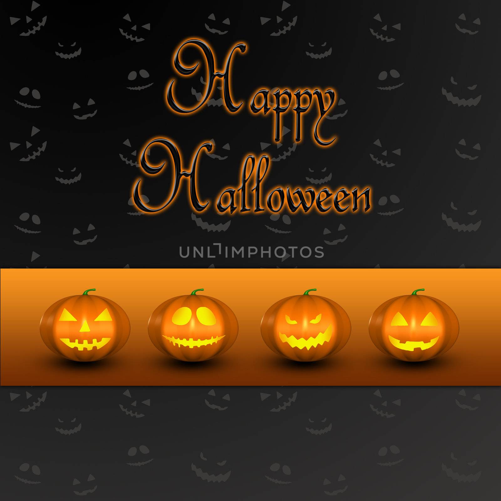A Halloween illustration: 4 different Jack-o-Lantern pumpkins with an orange border on a black Halloween pattern background.
