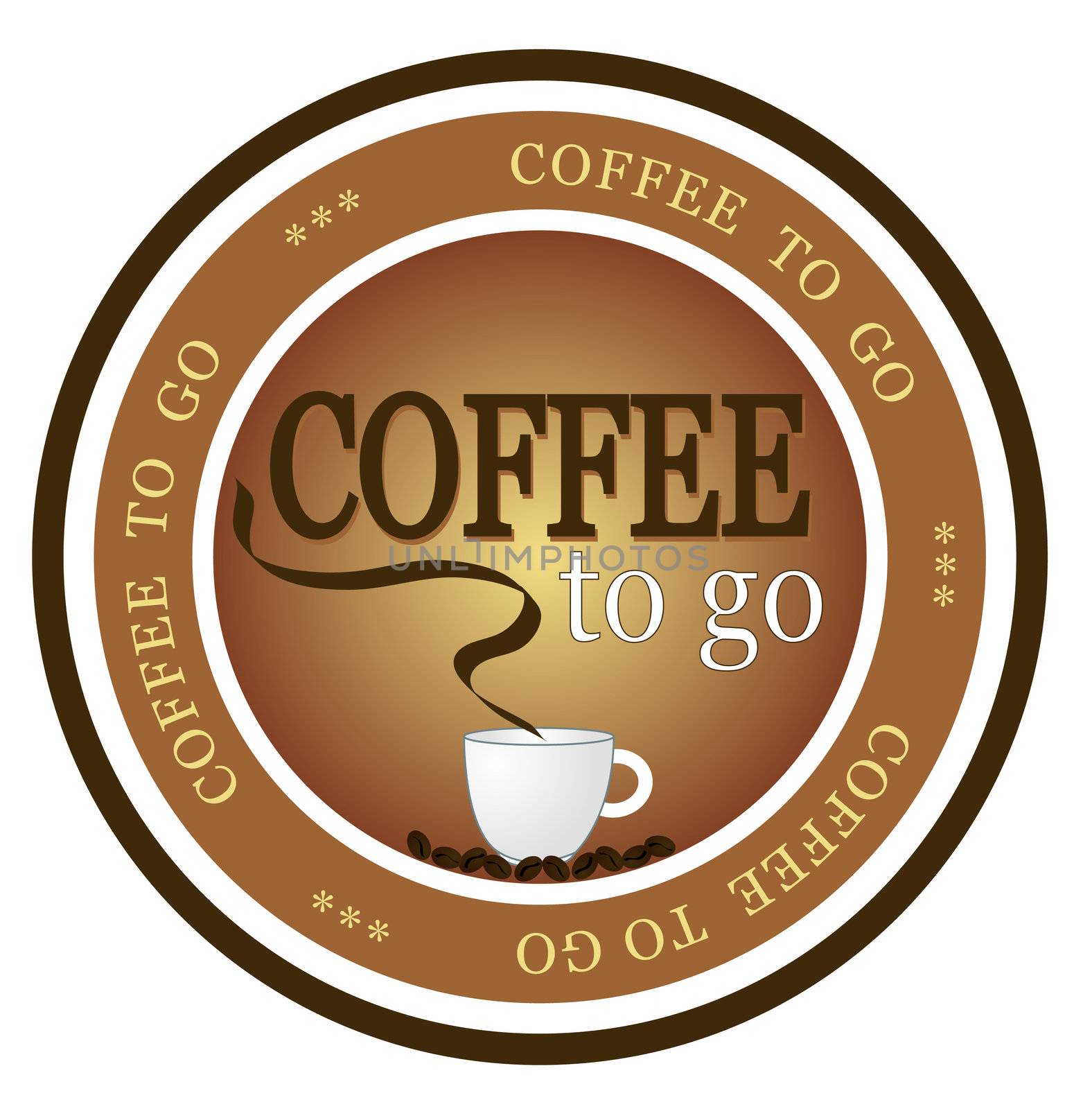 An illustrated badge offering fresh brewed coffee to go. All on white background.