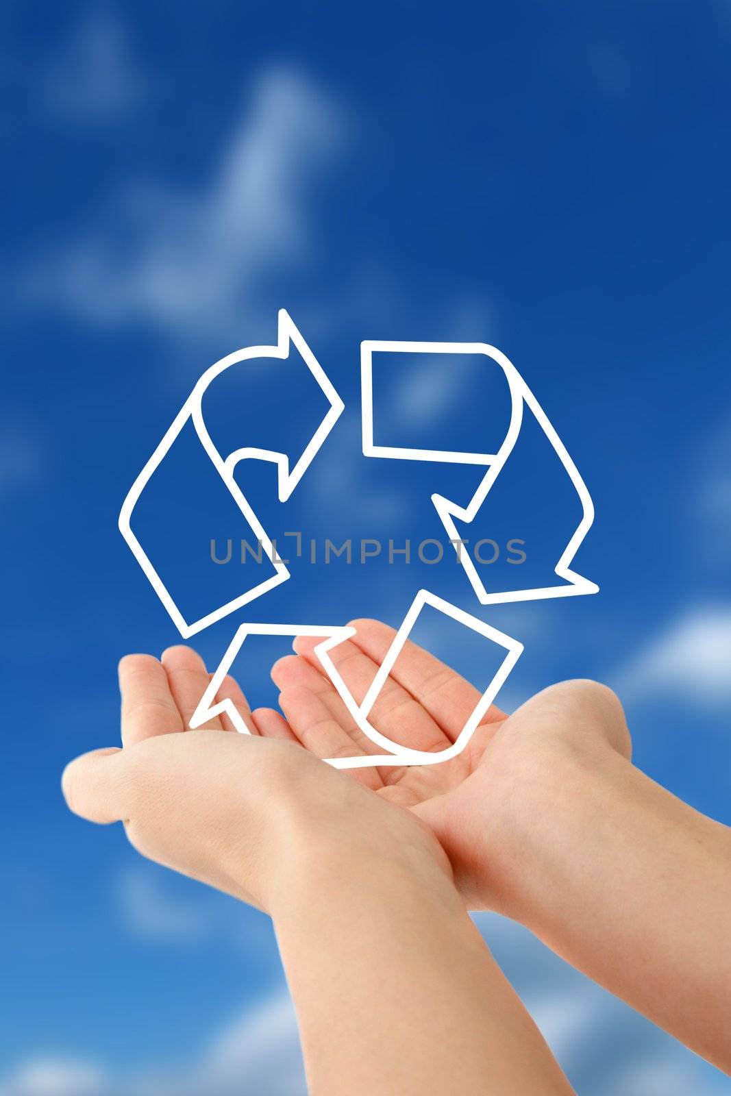 A person holding a symbol for sustainability in front of a bright blue sky.