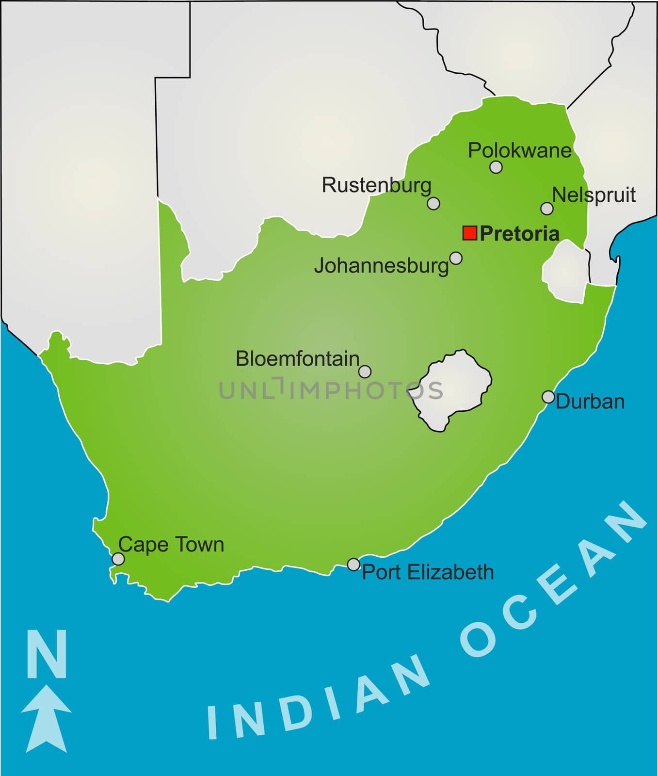 A stylized map of South Africa showing all playing venue of the soccer worldcup 2010.