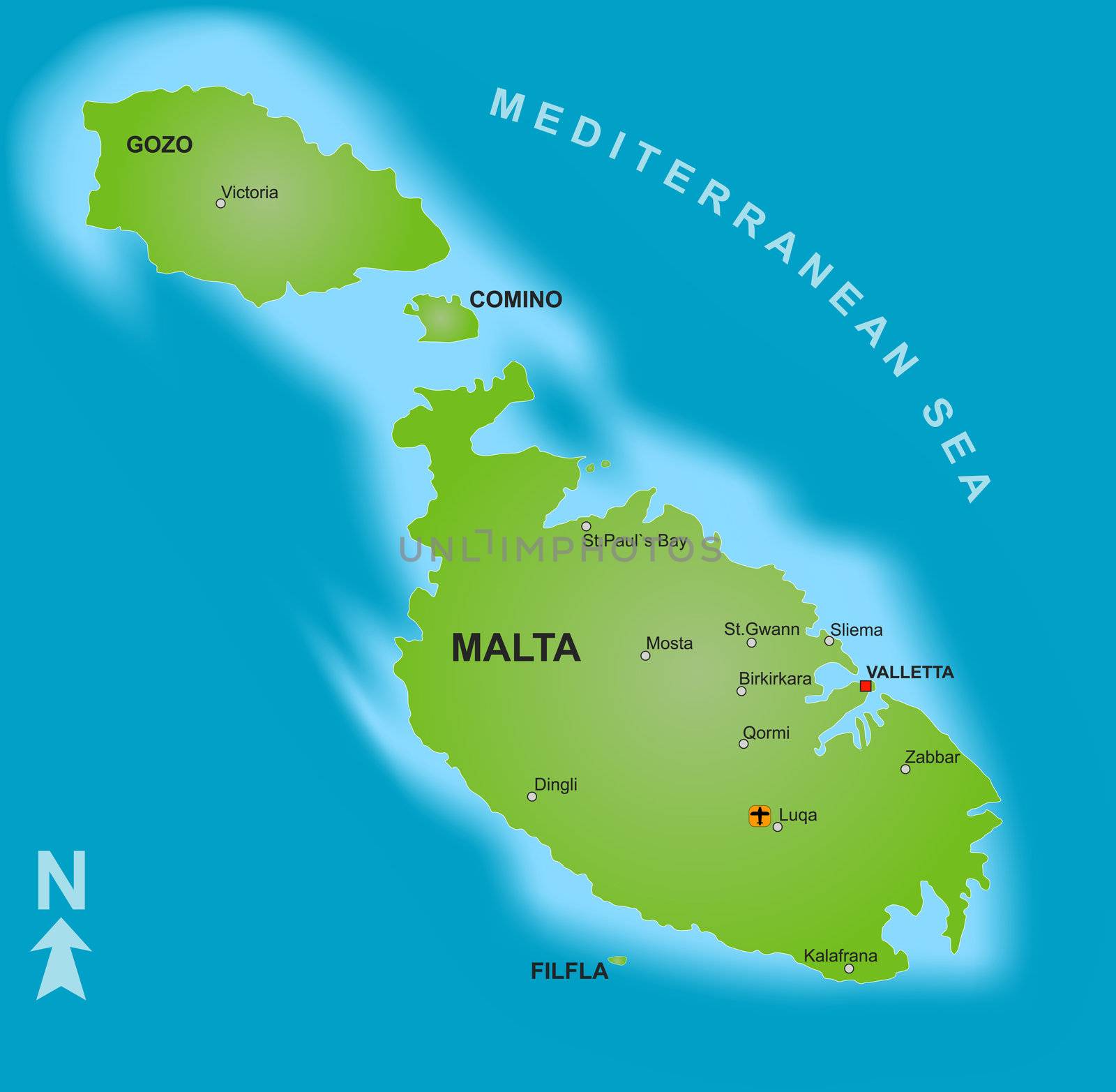 A stylized map of Malta showing the islands and different cities.