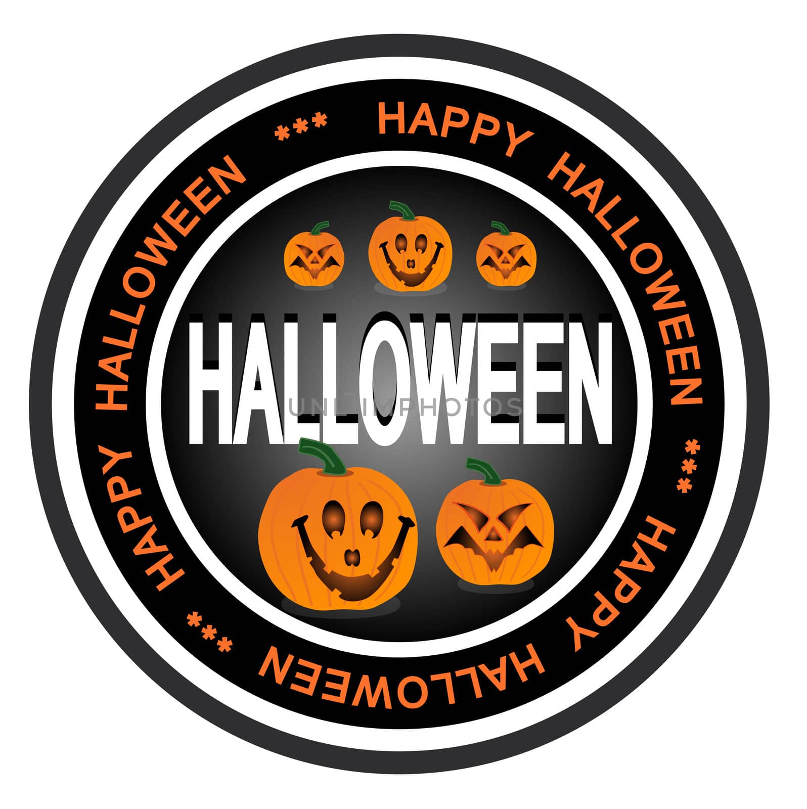 An illustrated badge symbolizing Halloween. All on white background.