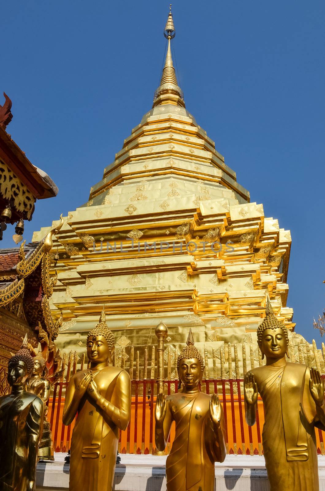 Golden temple and statues at Wat phra That in Doi Suthep, Chiang Mai, Northern Thailand