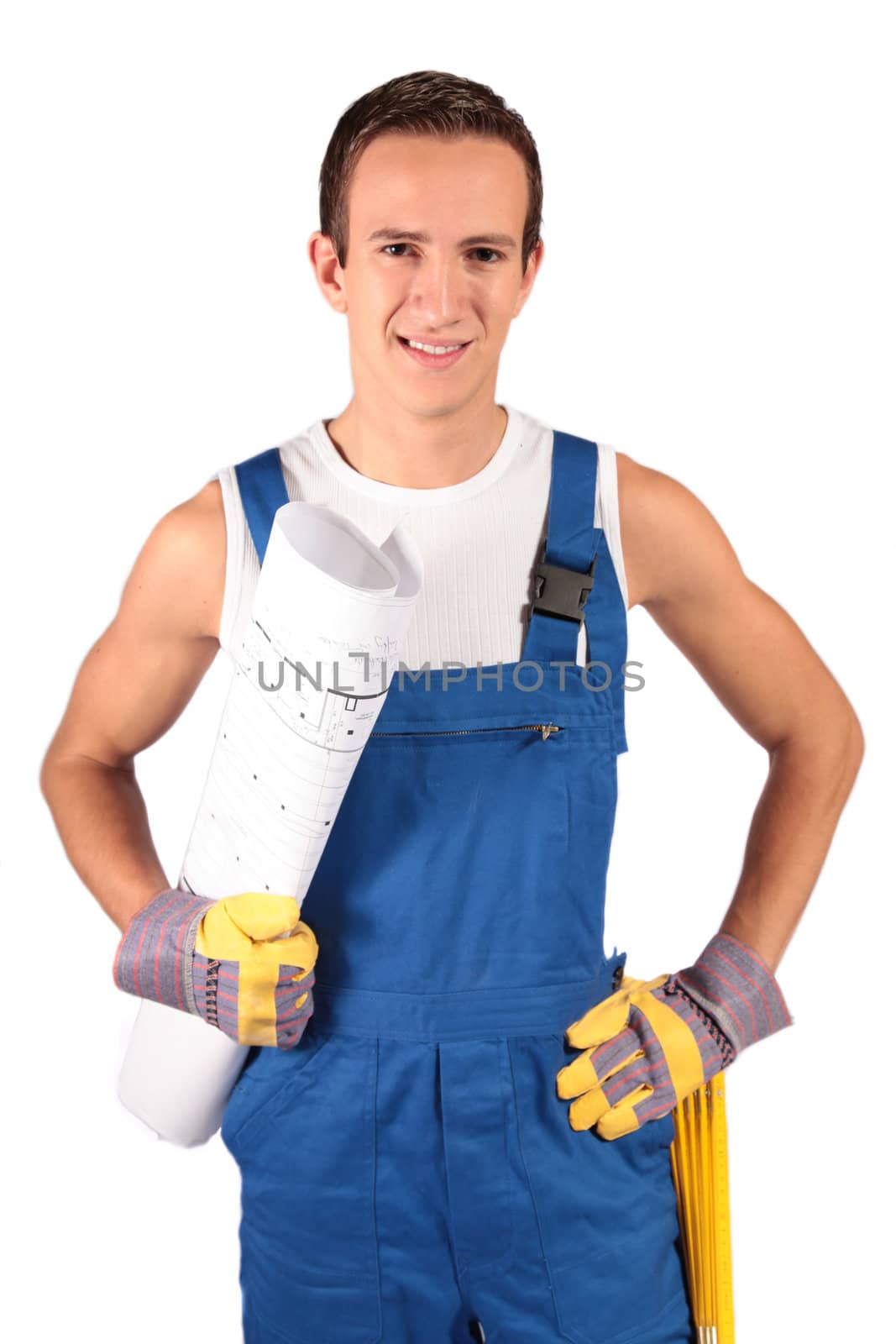 A young construction worker trainee. All isolated on white background.