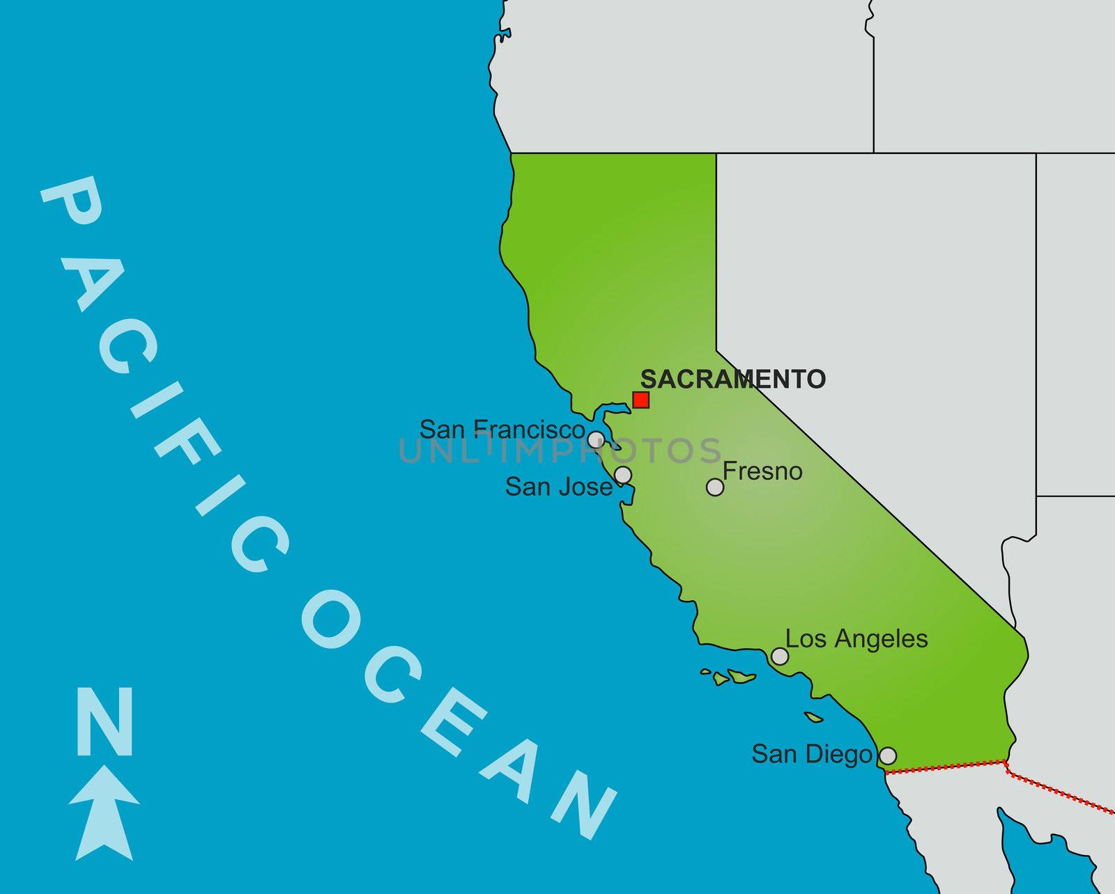 A stylized map of the state of California showing different big cities and nearby states.