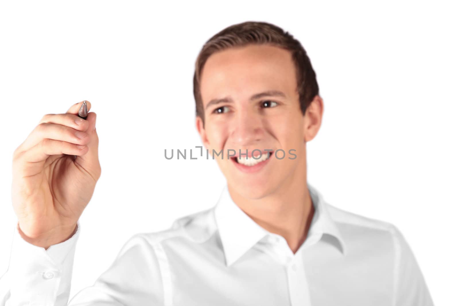 A young man sketching something. All isolated on white background.