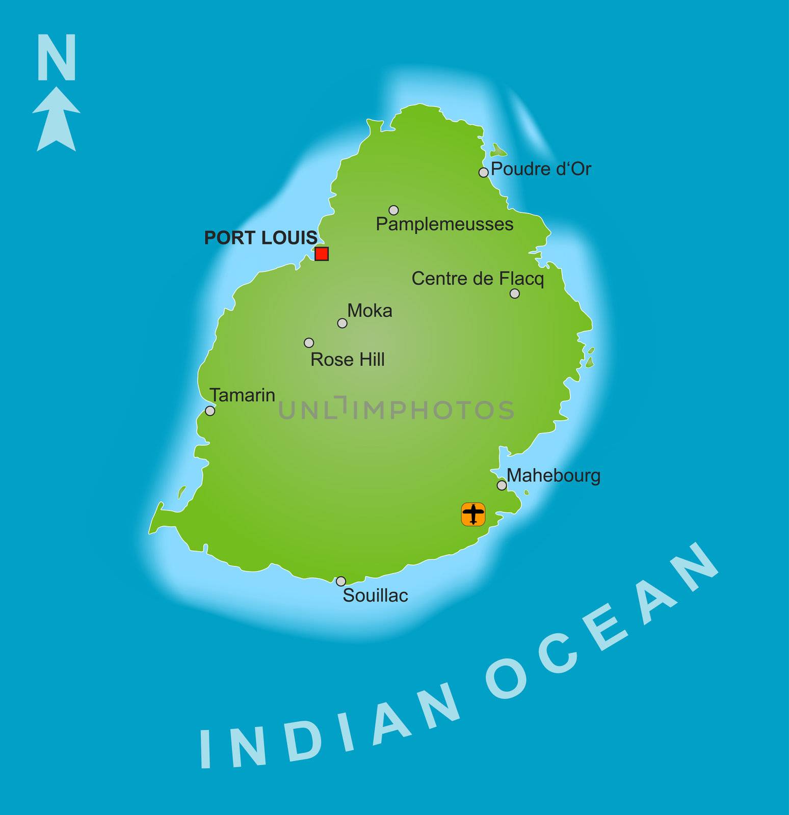 A stylized map of Mauritius showing the island and different cities.