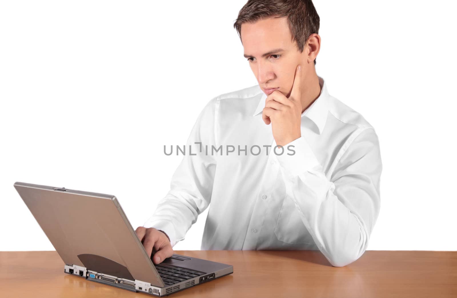 An employee wokring concentrated. All isolated on white background.