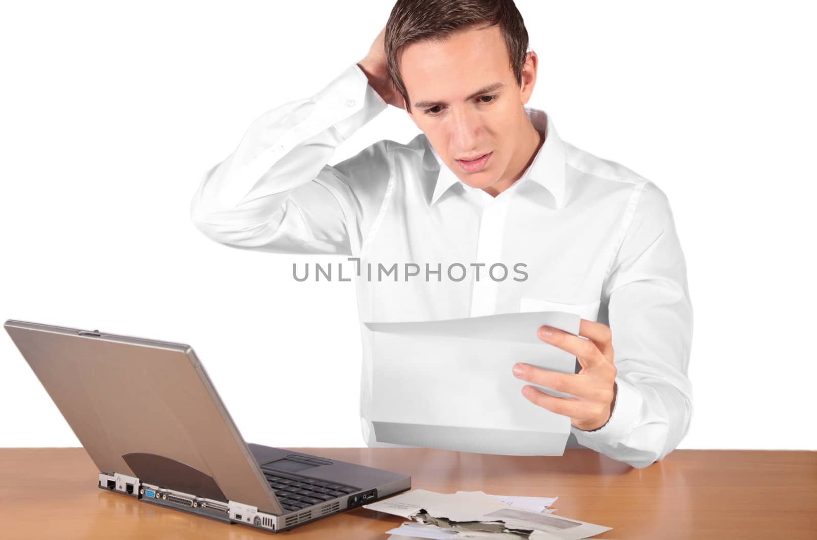 A young employee gets a pay cut. All isolated on white background.