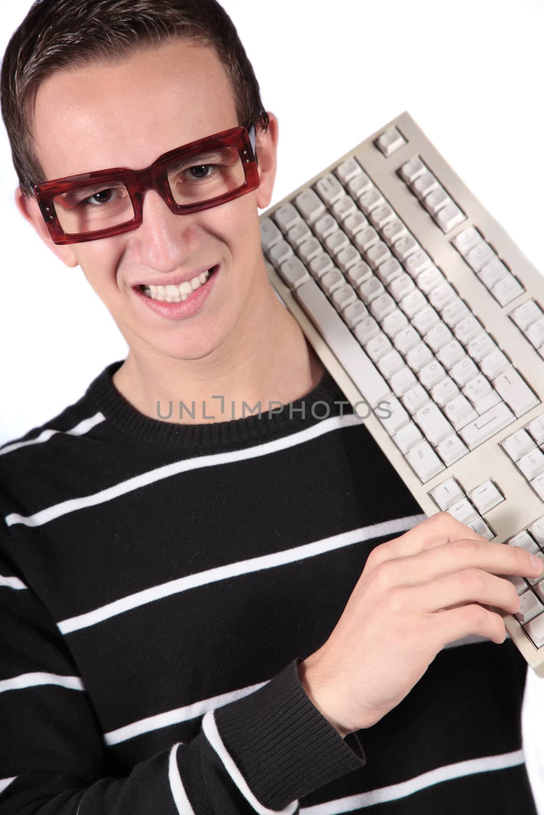 A typical nerd holding a keyboard. All isolated on white background.