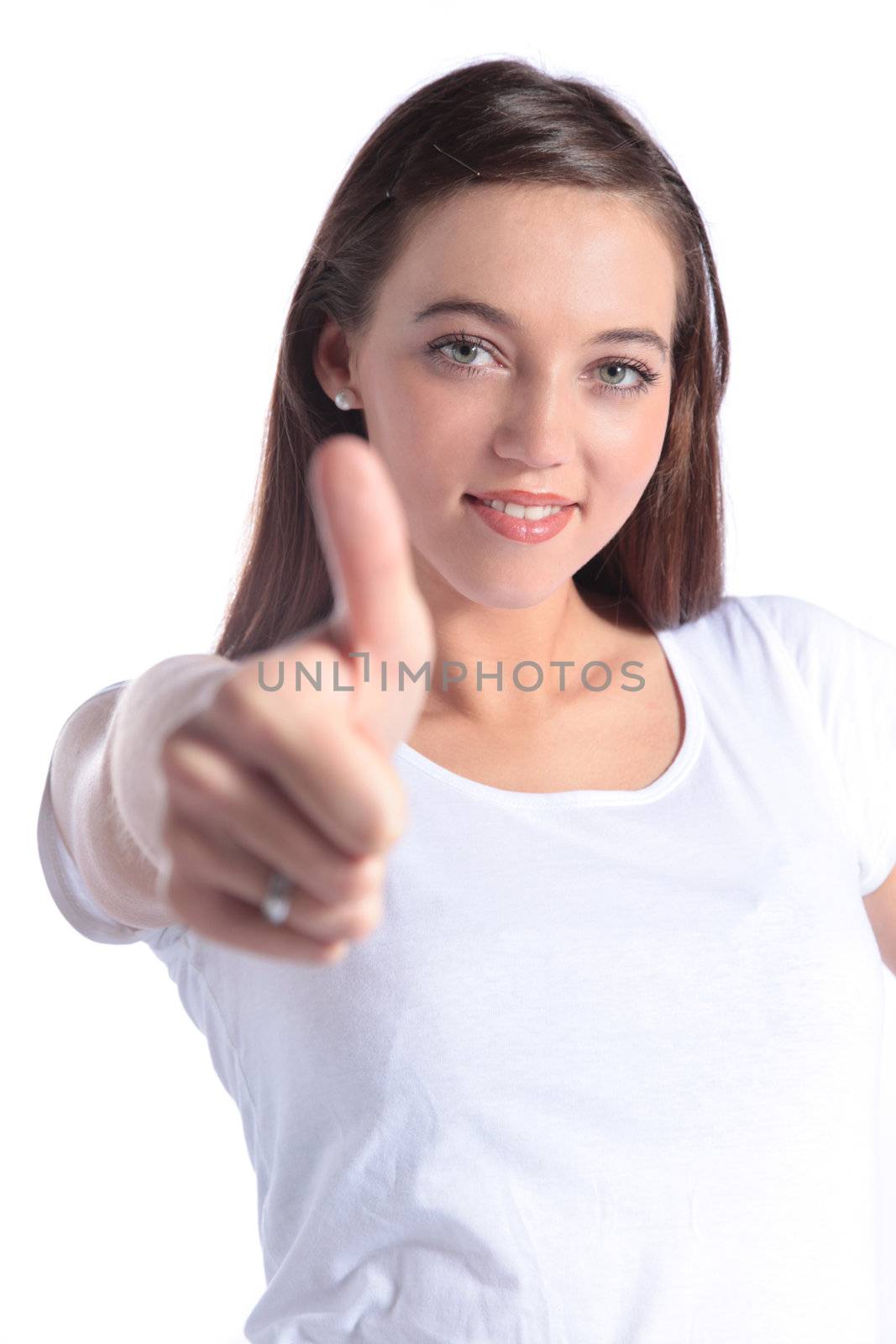 An attractive  young woman making a positive gesture. All isolated on white background.