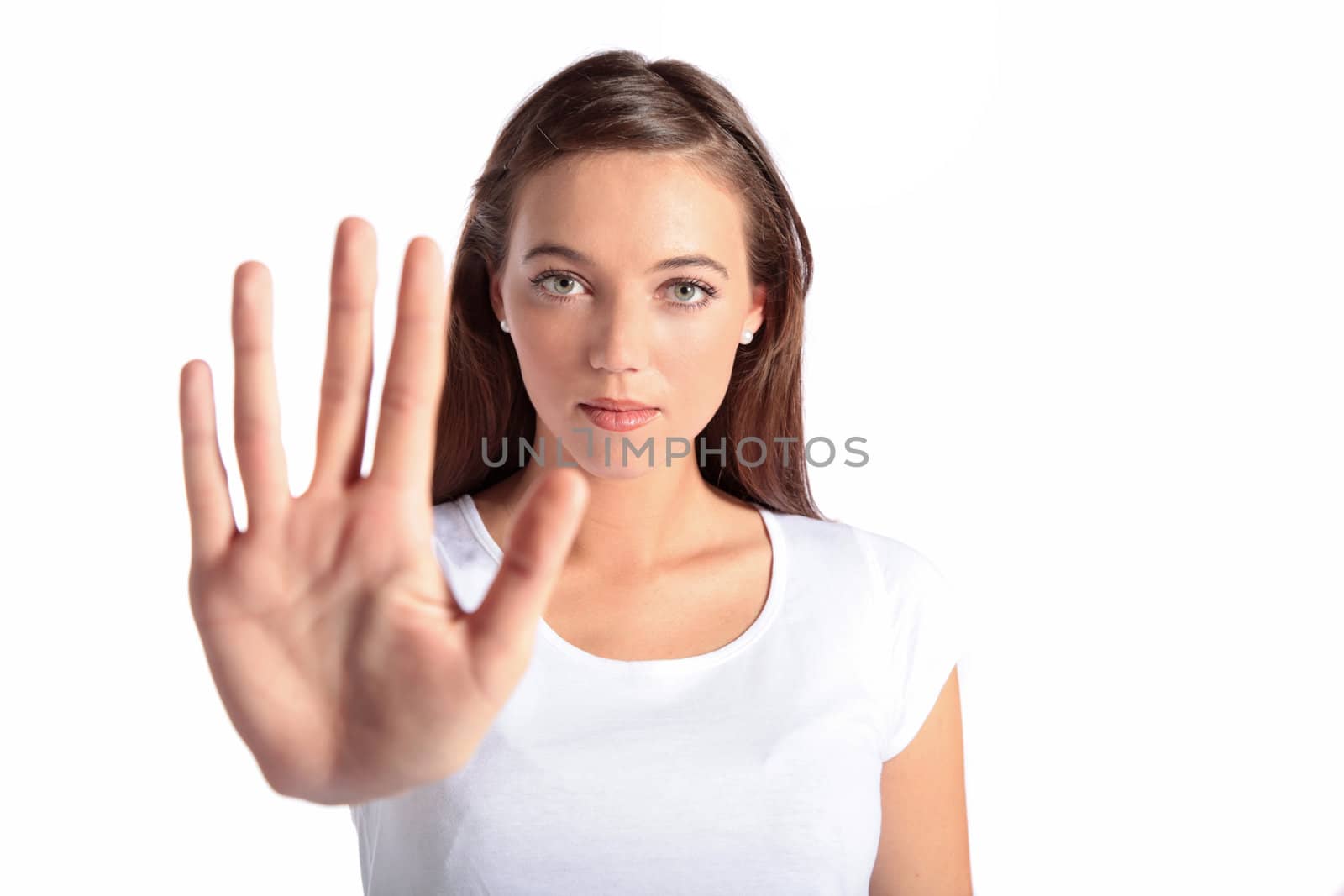 An attractive woman repels someone. All isolated on white background.