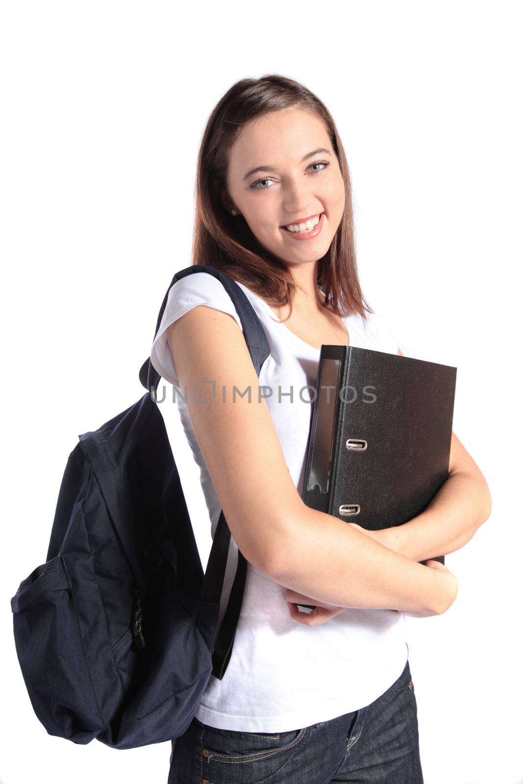 An attractive young student. All isolated on white background.
