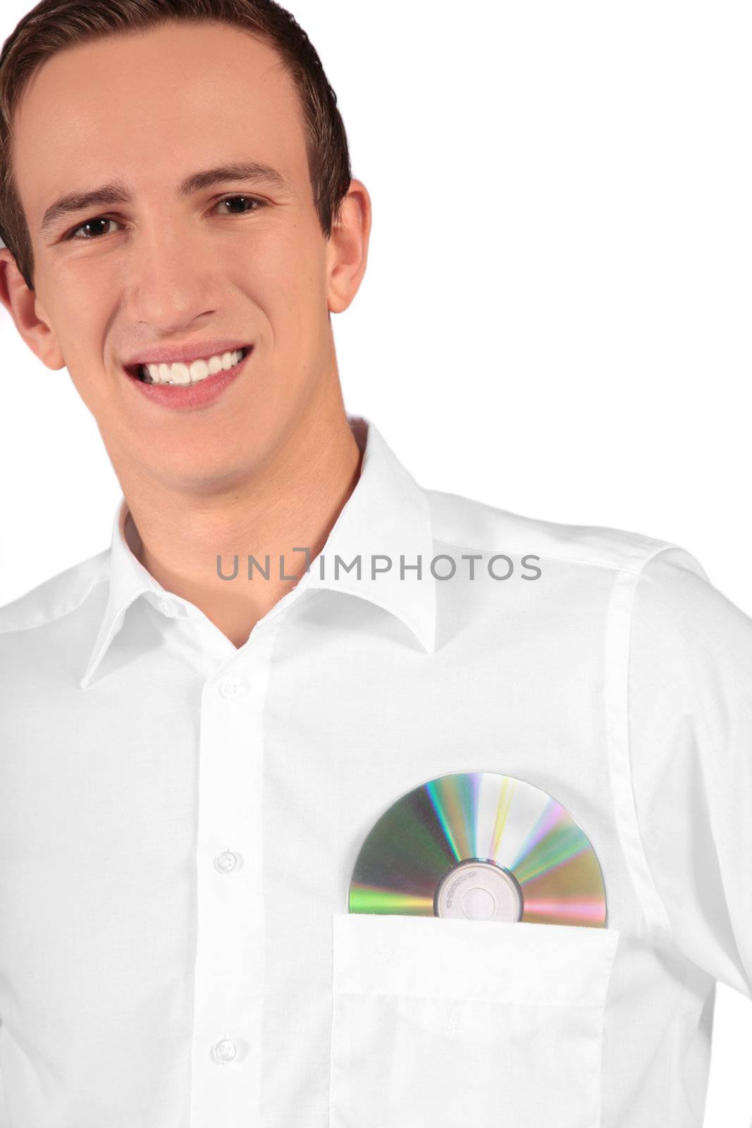 A young software specialist carrying a cd or dvd in his shirt pocket. All on white background.
