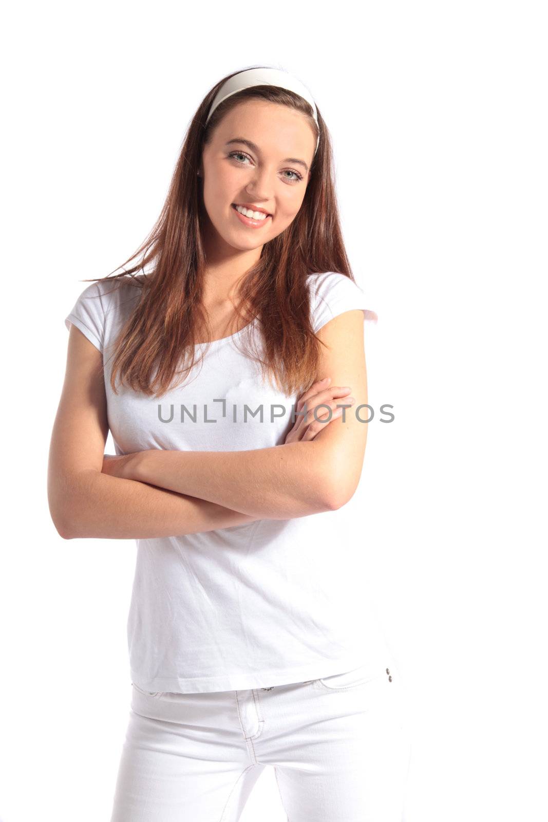 An attractive young woman smiling. All isolated on white background.