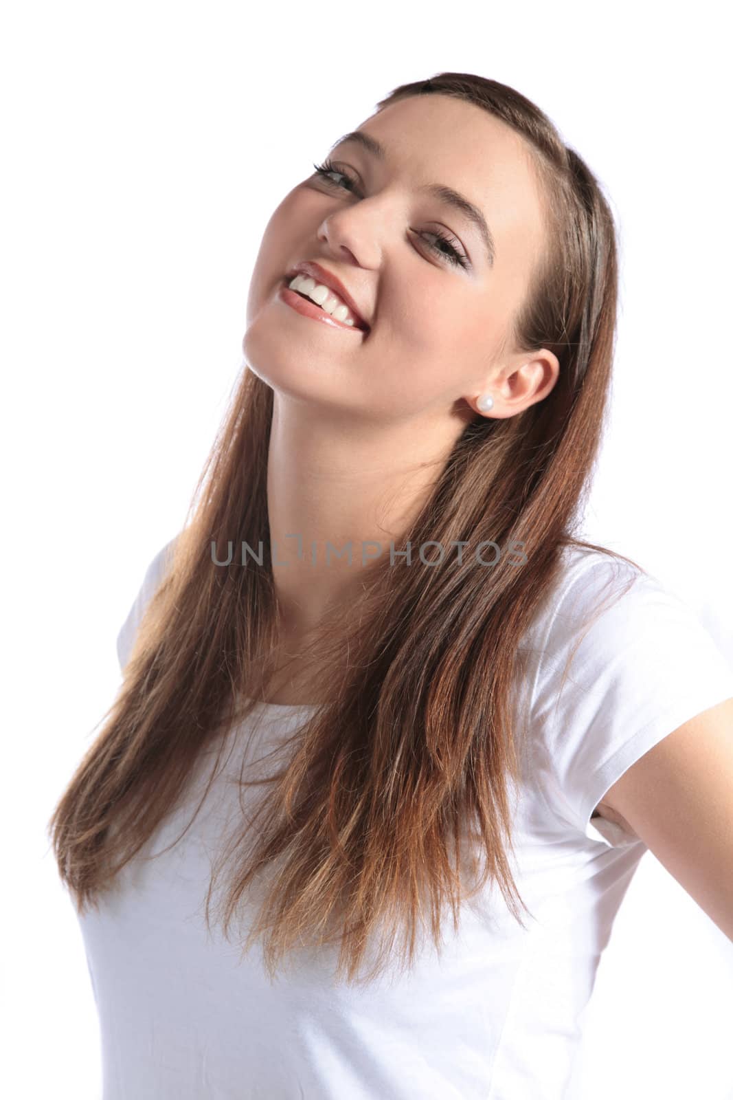 An attractive young woman smiling. All isolated on white background.