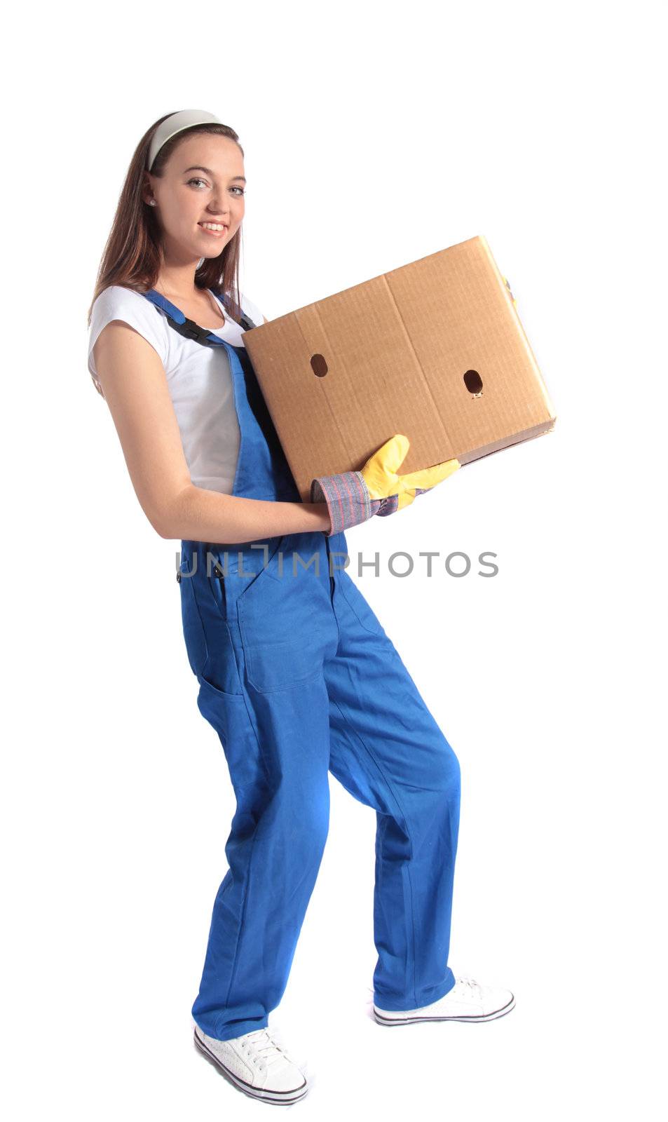 Full length shot of an attractive young woman carrying a moving box. All isolated on white background.