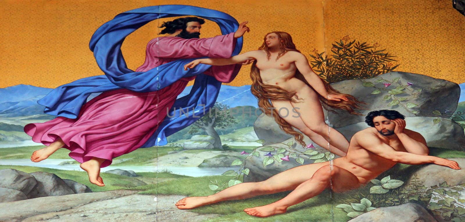 Creation of Eve, painting on the facade, Saint Vincent de Paul church, Paris