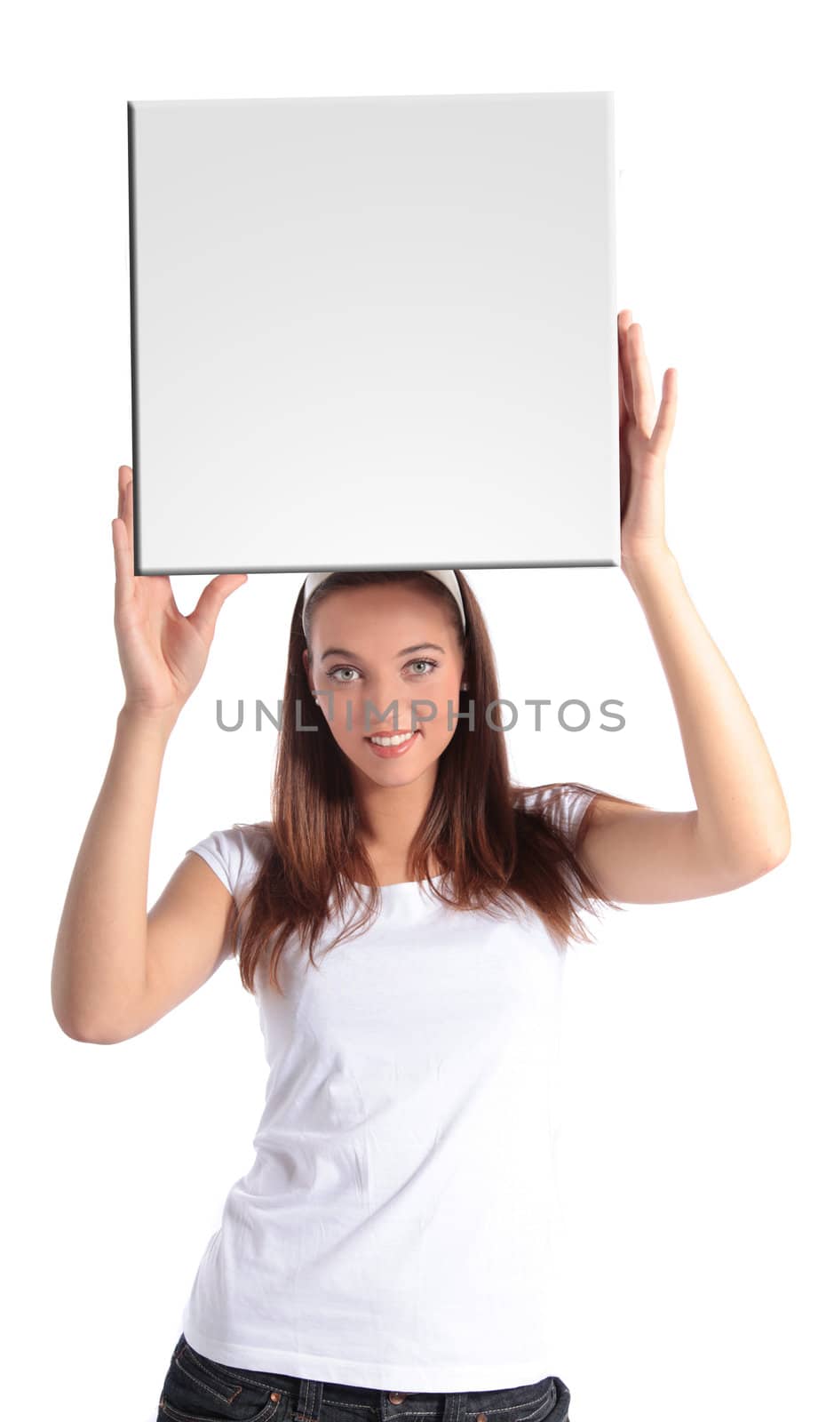 An attractive young woman holding a white board. All isolated on white background.