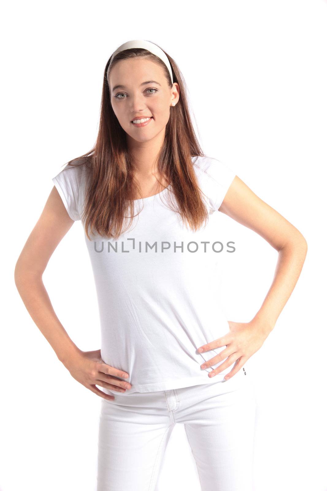 An attractive young woman smiling. All isolated on white background.